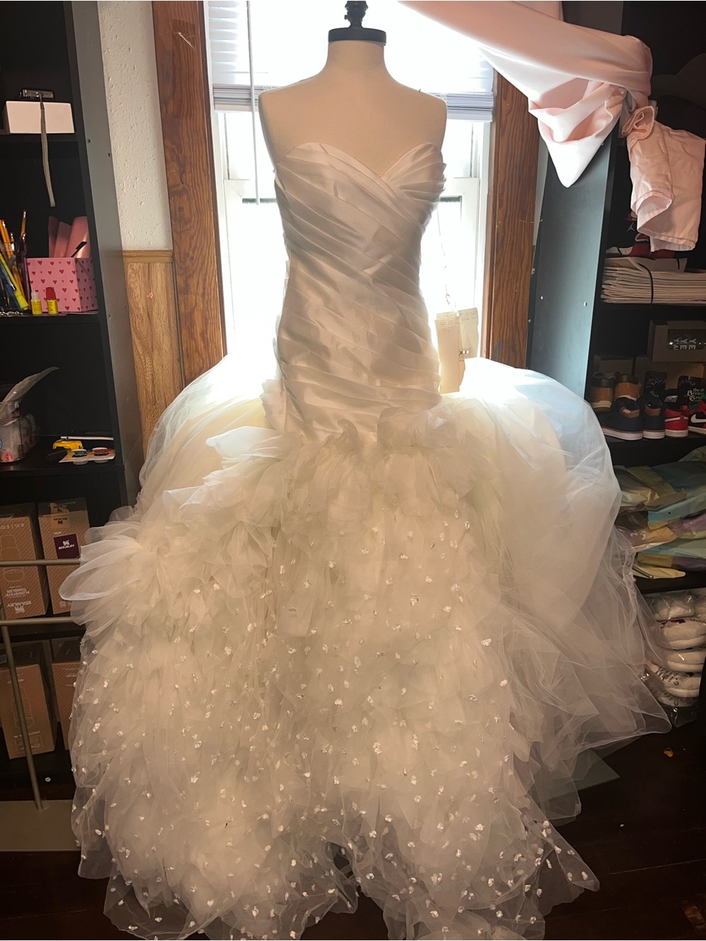 Ivory Strapless Ball Gown Wedding Dress with Layered Tulle Skirt